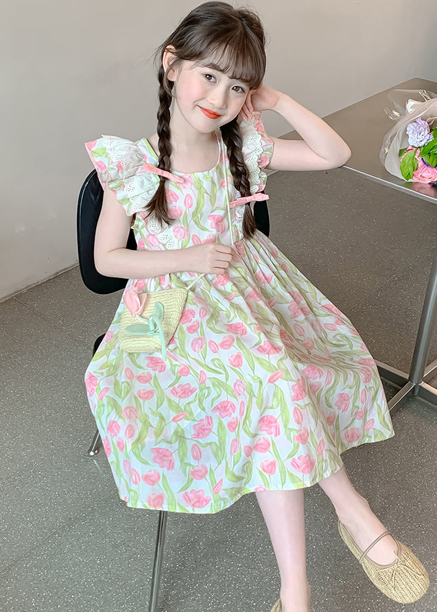 New Green Zippered Print Cotton Long Dress Summer Ew058