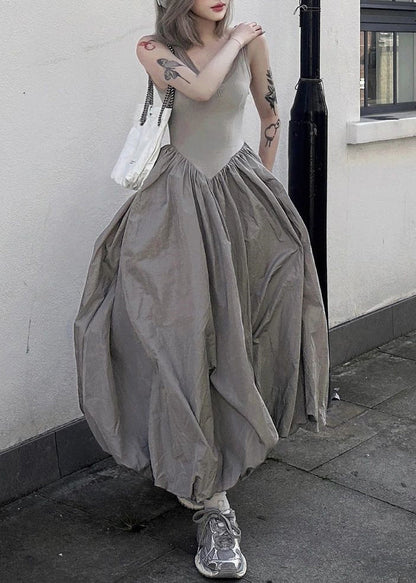New Grey Backless Patchwork Cotton Long Dresses Sleeveless Pp030