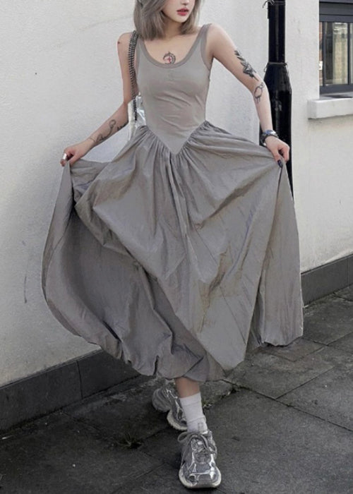 New Grey Backless Patchwork Cotton Long Dresses Sleeveless Pp030
