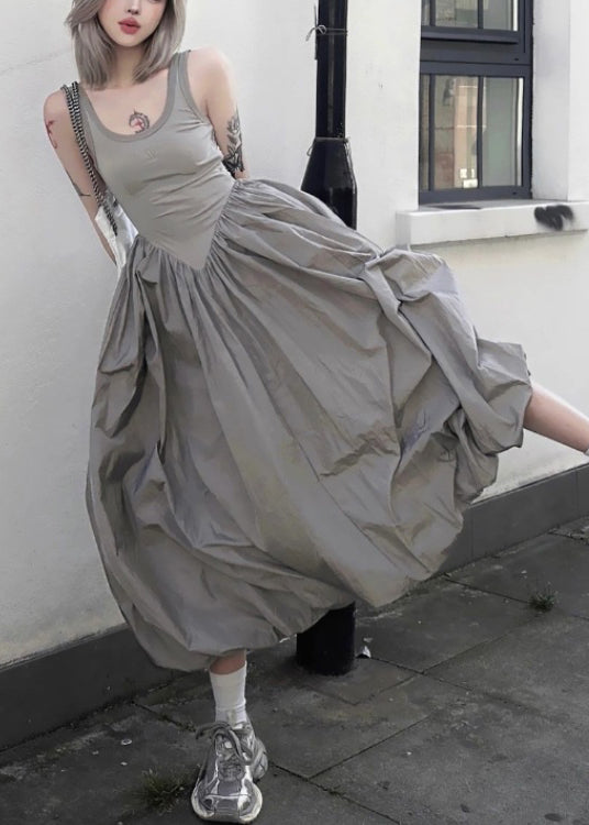 New Grey Backless Patchwork Cotton Long Dresses Sleeveless Pp030