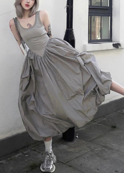 New Grey Backless Patchwork Cotton Long Dresses Sleeveless Pp030