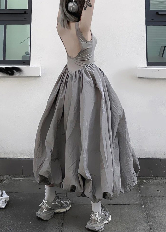 New Grey Backless Patchwork Cotton Long Dresses Sleeveless Pp030