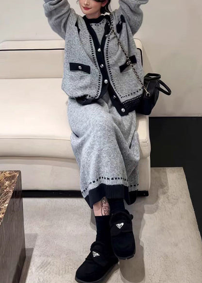 New Grey Button Cardigans and Dresses Knit Two Pieces Set Winter Wq047