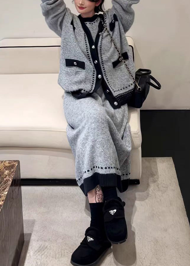New Grey Button Cardigans and Dresses Knit Two Pieces Set Winter Wq047
