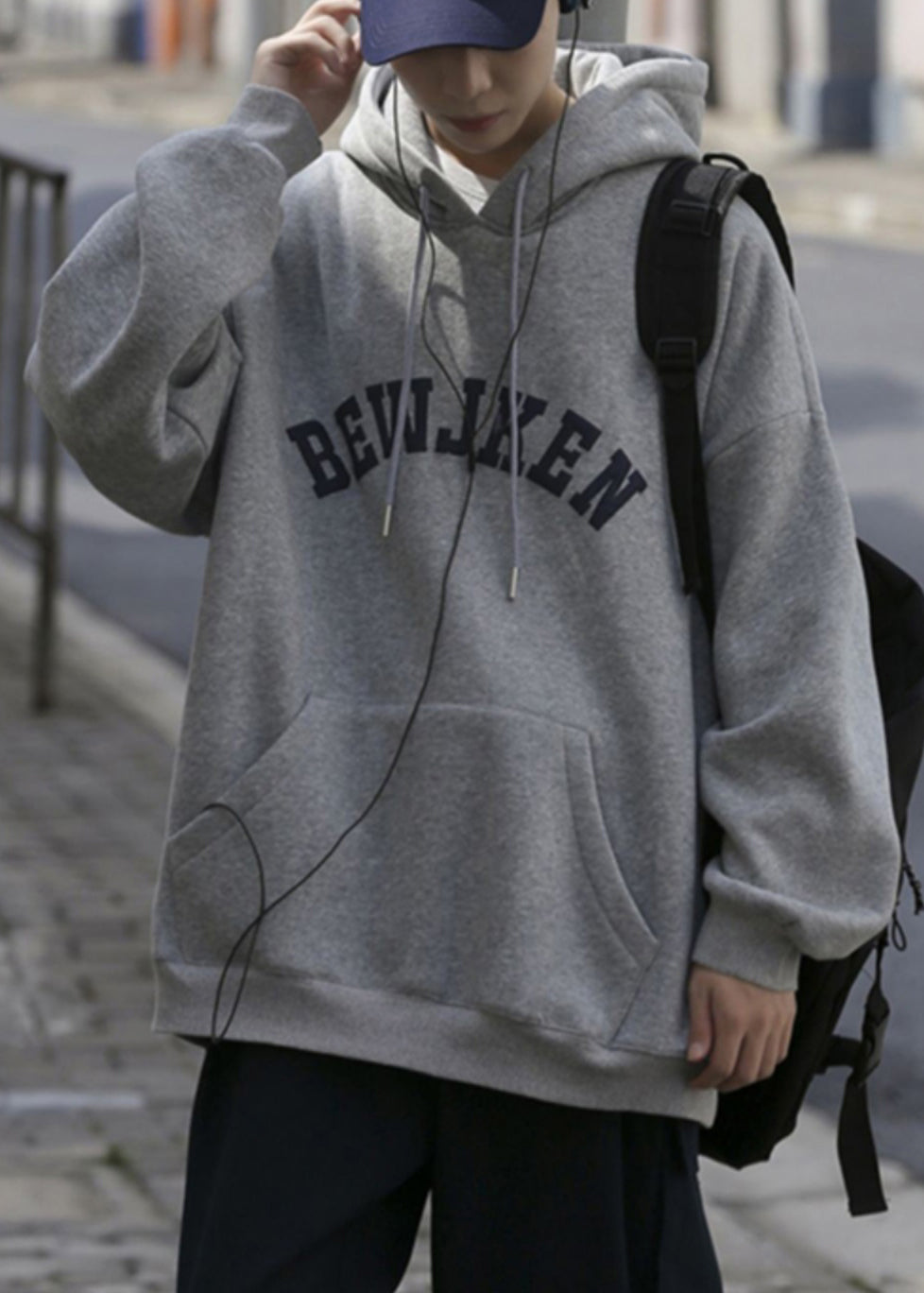 New Grey Hooded Print Pockets Cotton Sweatshirts Spring Yq031