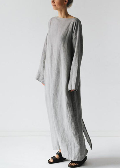New Grey Tie Waist Cotton Long Dress Long Sleeve Ff042
