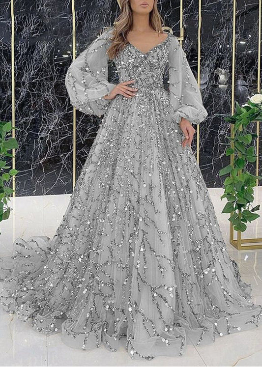 New Grey V Neck Nail Bead Tulle Maxi Dresses Spring Ww1052