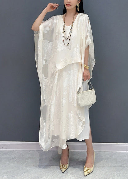 New Jacquard White Silk Maxi Dresses Summer Ay1056