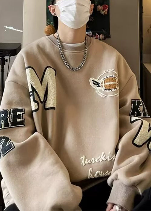 New Khaki O Neck Letter Warm Fleece Sweatshirt Winter Rp060
