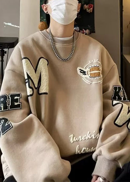 New Khaki O Neck Letter Warm Fleece Sweatshirt Winter Rp060