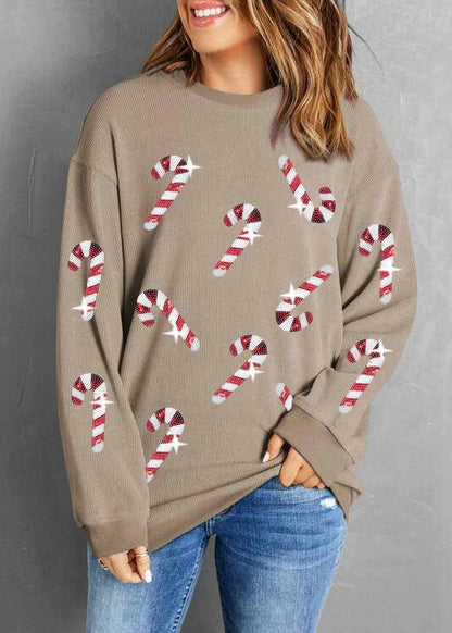 New Khaki Sequins Loose Cotton Sweatshirt Long Sleeve Ae1034