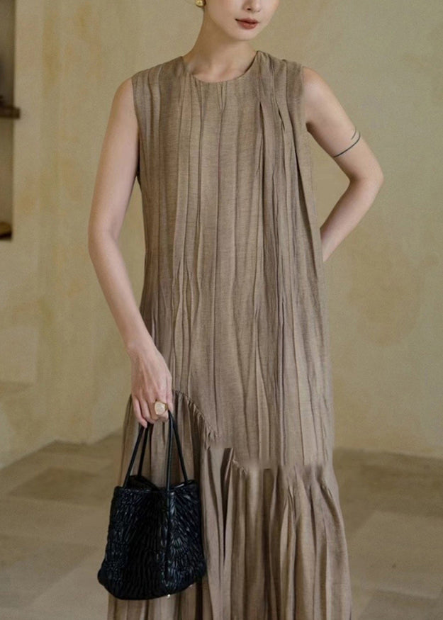 New Khaki Wrinkled Patchwork Cotton Long Dresses Sleeveless Op1063