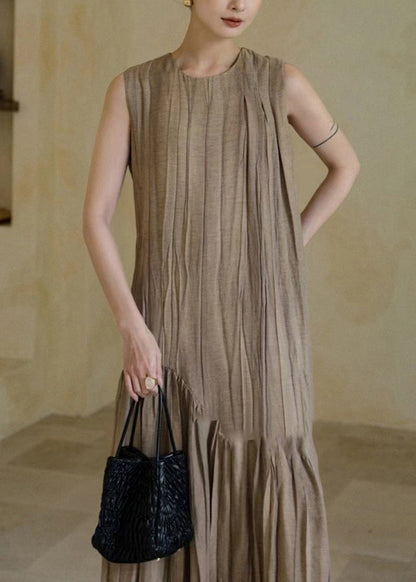 New Khaki Wrinkled Patchwork Cotton Long Dresses Sleeveless Op1063