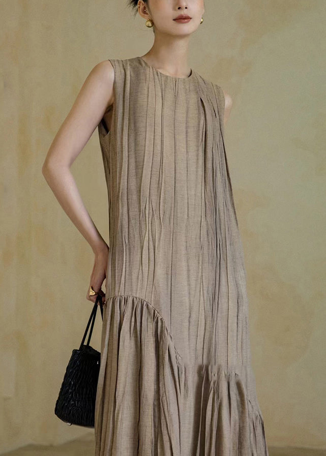 New Khaki Wrinkled Patchwork Cotton Long Dresses Sleeveless Op1063