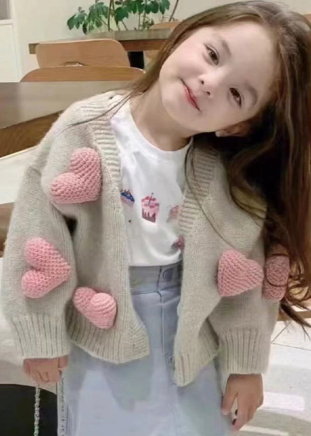 New Khaki V Neck Love Cotton Knit Cardigan Winter Wl050