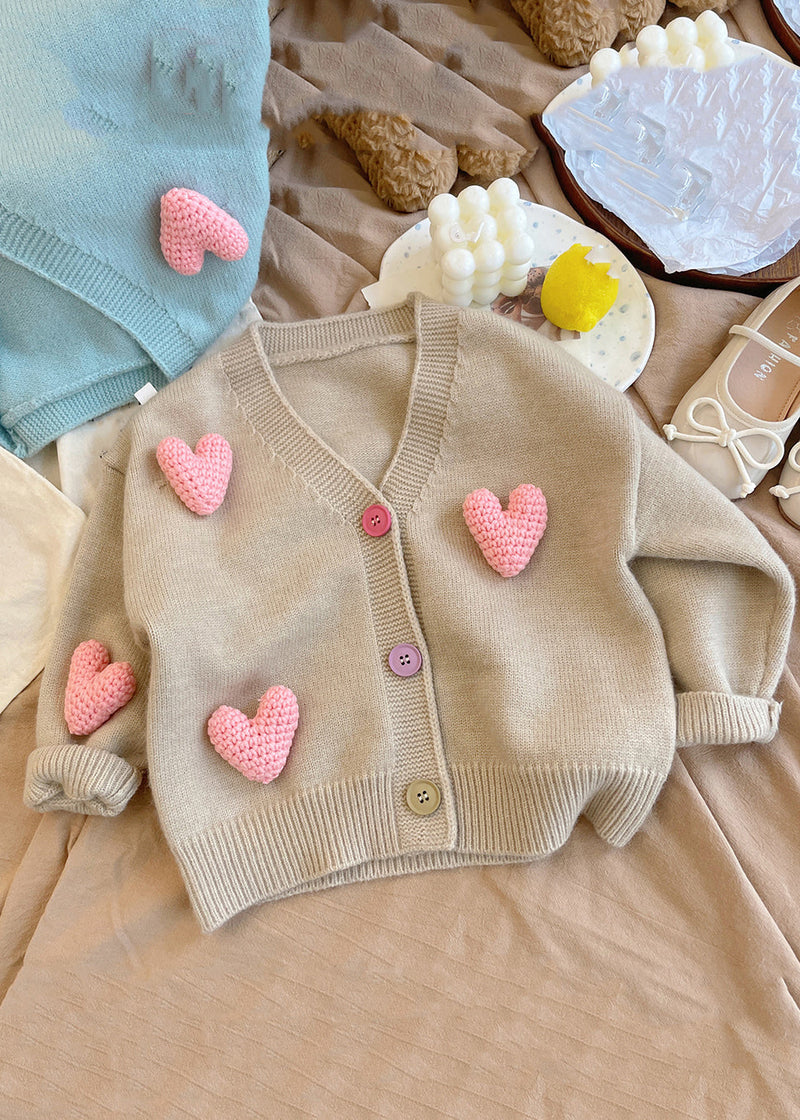 New Khaki V Neck Love Cotton Knit Cardigan Winter Wl050