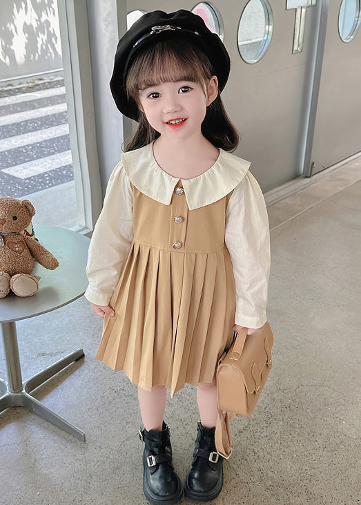 New Khaki Wrinkled False Two Pieces Cotton Long Dress Fall Xz015