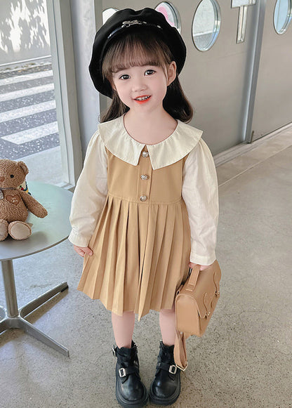 New Khaki Wrinkled False Two Pieces Cotton Long Dress Fall Xz015