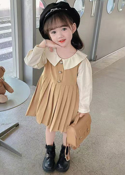 New Khaki Wrinkled False Two Pieces Cotton Long Dress Fall Xz015