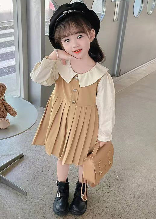 New Khaki Wrinkled False Two Pieces Cotton Long Dress Fall Xz015