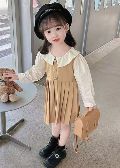 New Khaki Wrinkled False Two Pieces Cotton Long Dress Fall Xz015