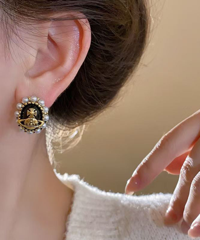 New Black Metal Pearl Stud Earrings