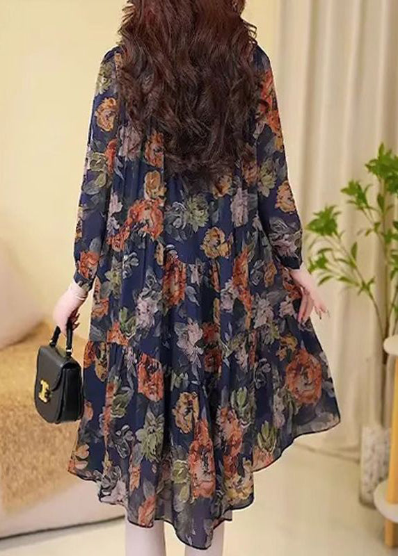 New Navy Print Wrinkled Cotton Long Dresses Long Sleeve Mn073