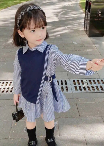 New Navy Waistcoat and Striped Dresses Cotton Two Pieces Set Fall Xz079