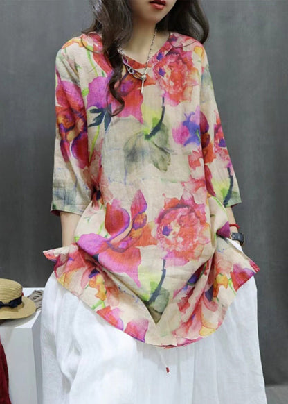 New Photo Color V Neck Print Linen Blouse Half Sleeve Gg065