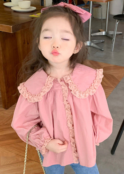 New Pink Peter Pan Collar Lace Patchwork Cotton Blouses Spring Yu1037