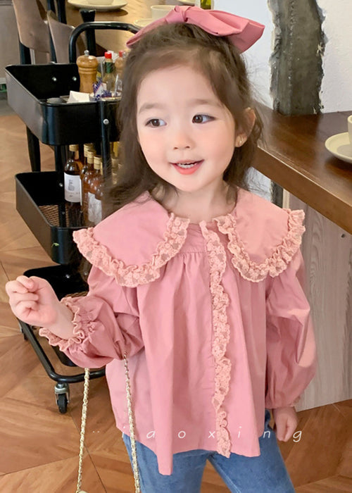 New Pink Peter Pan Collar Lace Patchwork Cotton Blouses Spring Yu1037