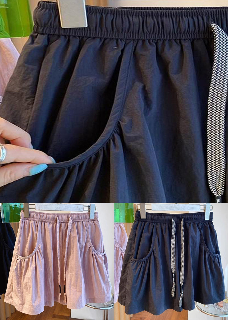 Black Lace Up Pockets Cotton Shorts Elastic Waist Qe013