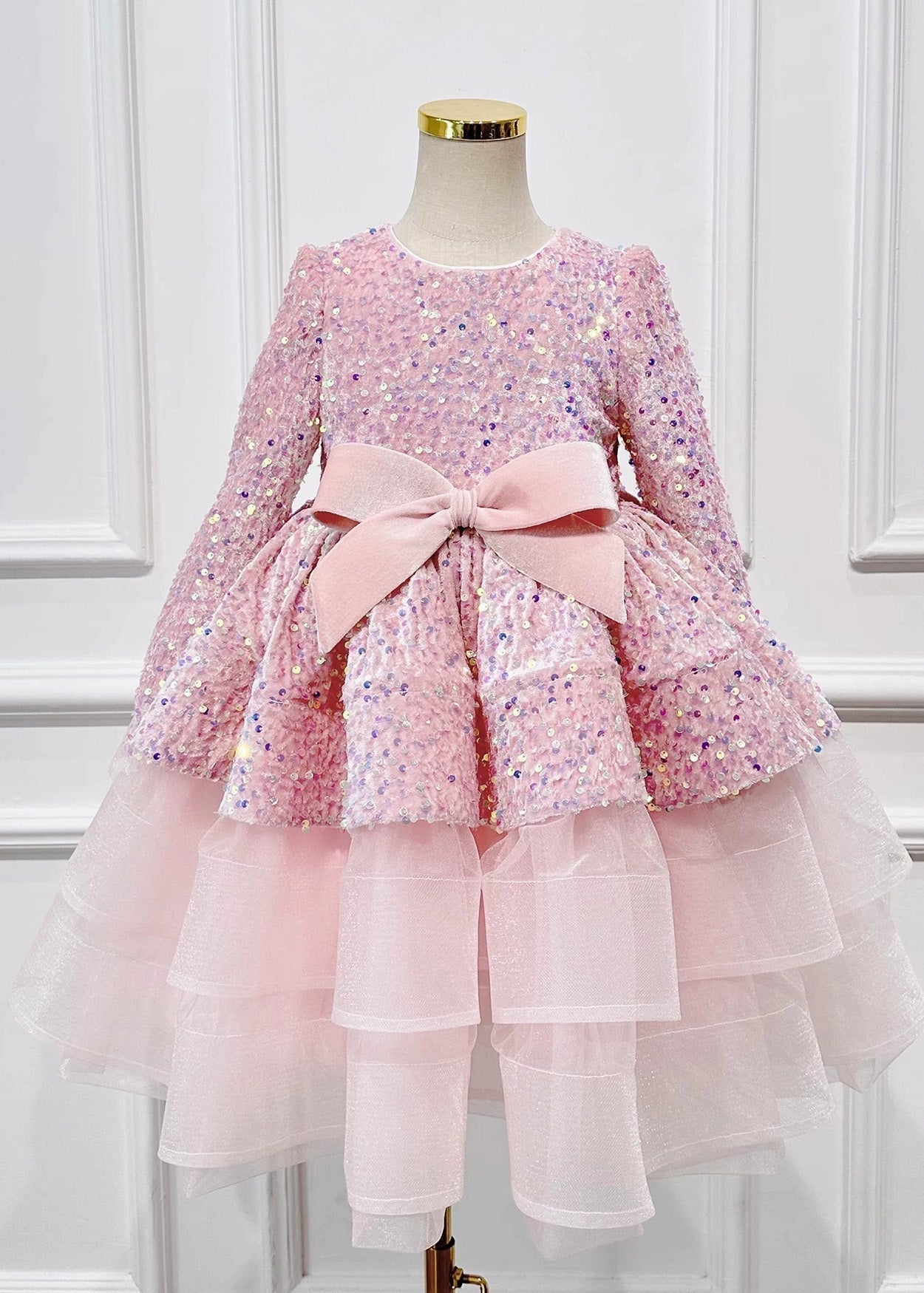 New Pink Sequins Tulle Patchwork Bow Maxi Dresses Spring Yg013
