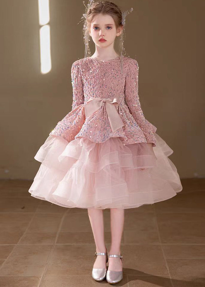 New Pink Sequins Tulle Patchwork Bow Maxi Dresses Spring Yg013