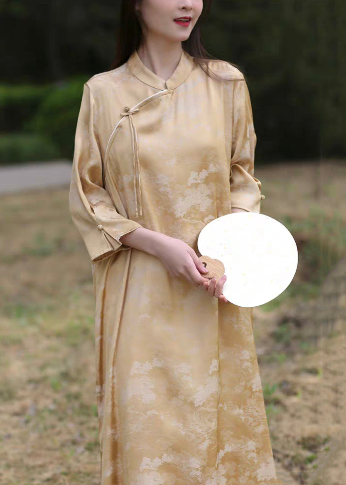 New Pink Stand Collar Chinese Button Silk Cotton Long Dress Bracelet Sleeve Au1051