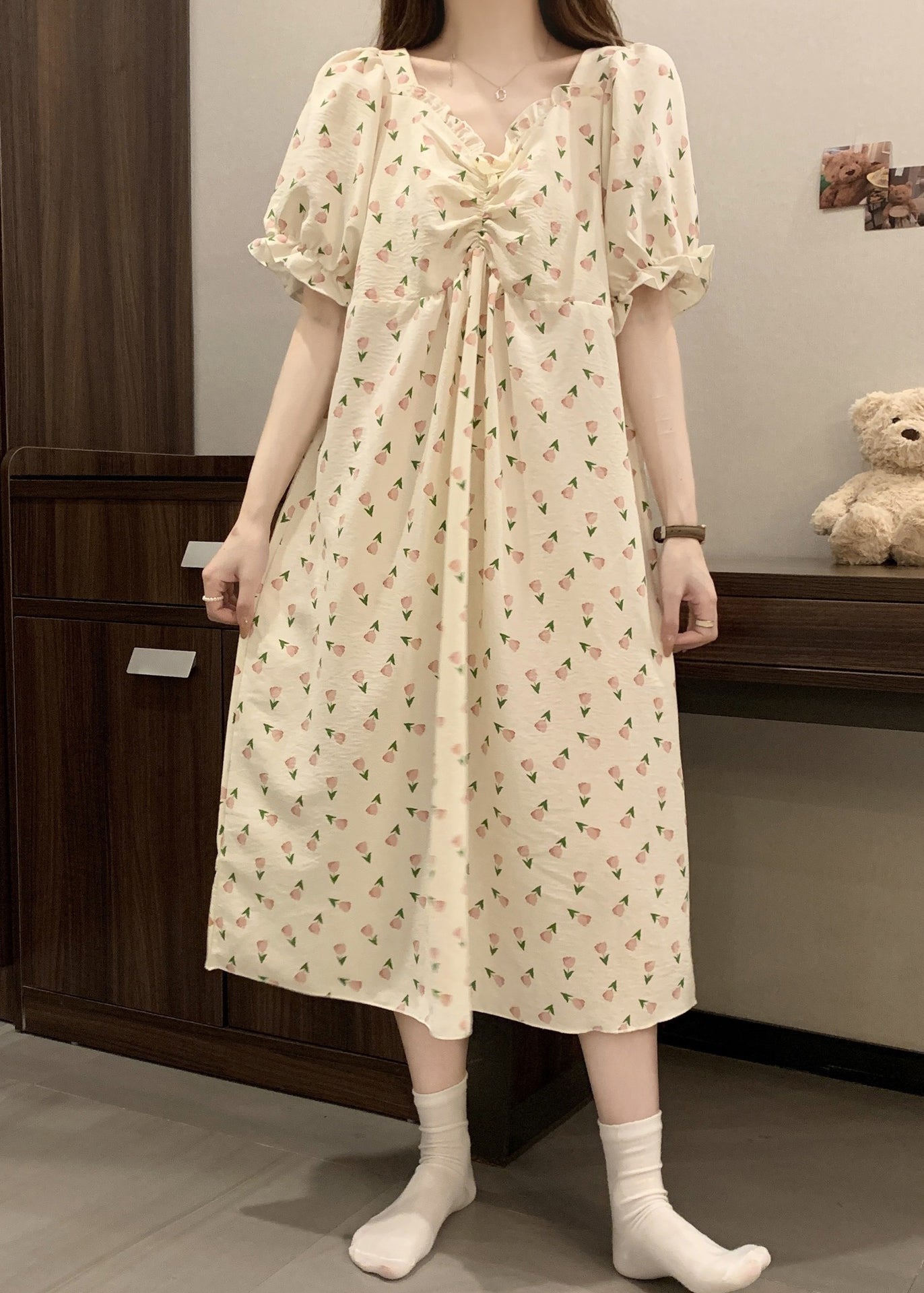 New Print Wrinkled Cotton Pajamas Long Dress Butterfly Sleeve Yk025