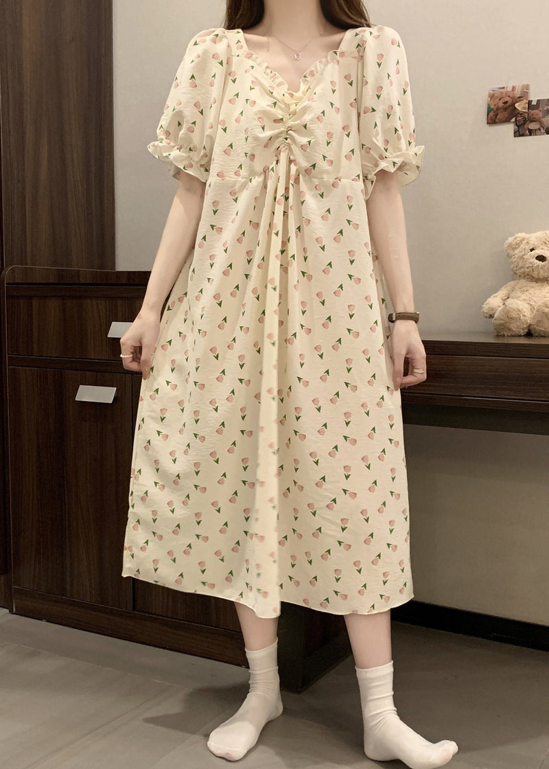 New Print Wrinkled Cotton Pajamas Long Dress Butterfly Sleeve Yk025