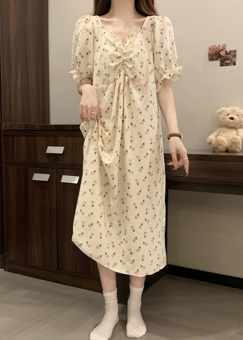 New Print Wrinkled Cotton Pajamas Long Dress Butterfly Sleeve Yk025
