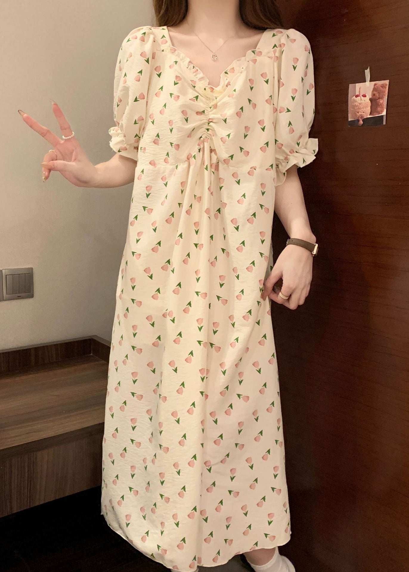 New Print Wrinkled Cotton Pajamas Long Dress Butterfly Sleeve Yk025