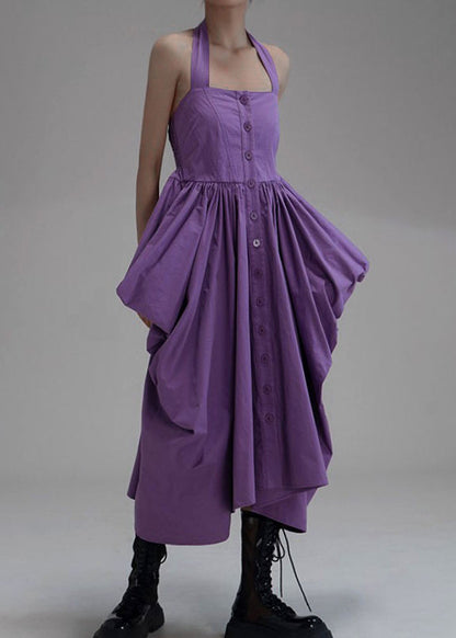 New Purple Asymmetrical Wrinkled Button Cotton Long Dress Sleeveless Ab1033
