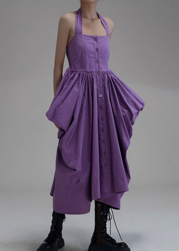 New Purple Asymmetrical Wrinkled Button Cotton Long Dress Sleeveless Ab1033