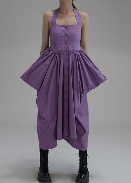 New Purple Asymmetrical Wrinkled Button Cotton Long Dress Sleeveless Ab1033