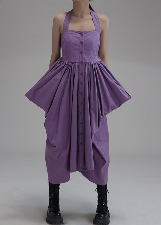 New Purple Asymmetrical Wrinkled Button Cotton Long Dress Sleeveless Ab1033
