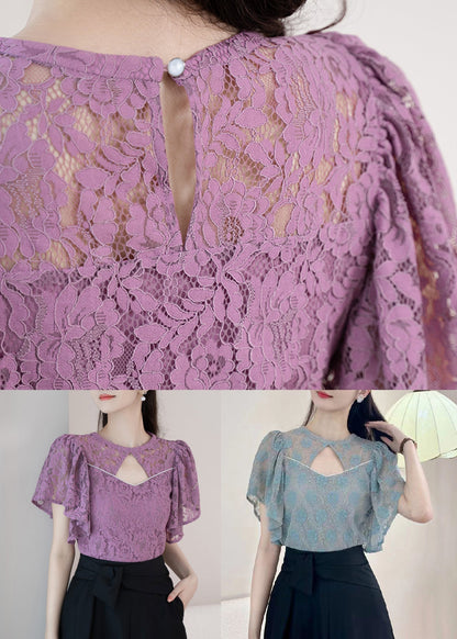 Blue Button Blouses O-neck Short Sleeve Op1017