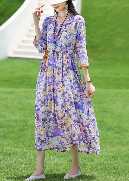 New Purple V Neck Print Lace Up Cotton Long Dress Half Sleeve Jh025