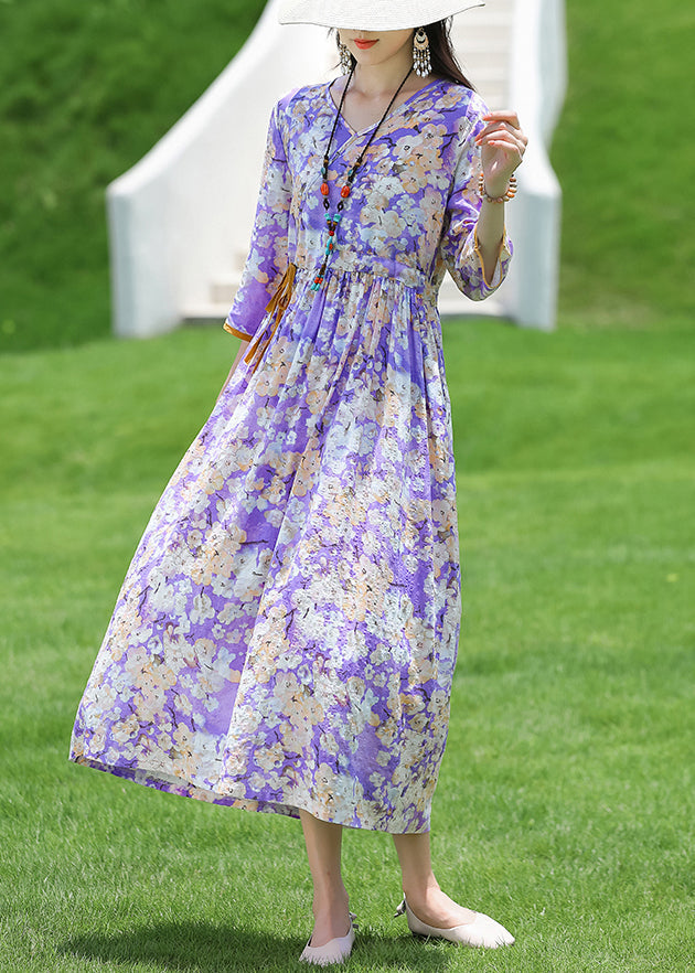 New Purple V Neck Print Lace Up Cotton Long Dress Half Sleeve Jh025