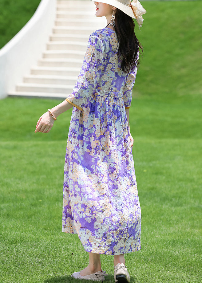 New Purple V Neck Print Lace Up Cotton Long Dress Half Sleeve Jh025
