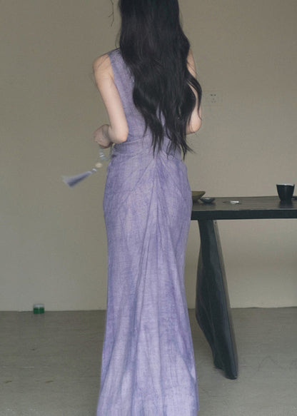 New Purple V Neck Cotton Long Dresses Sleeveless Kk022