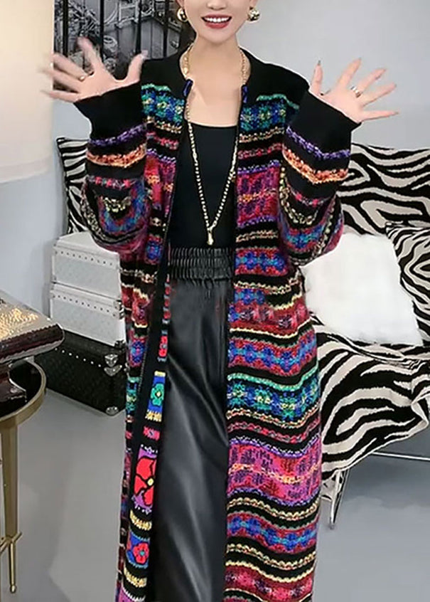 New Rainbow O-neck Zip Up Patchwork Knit Cardigans Fall Wn037