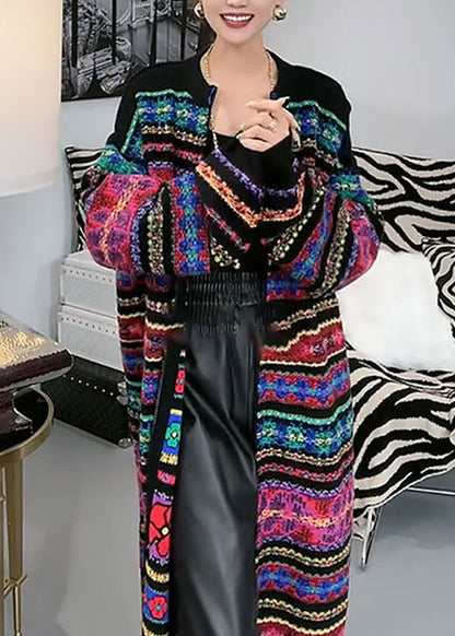 New Rainbow O-neck Zip Up Patchwork Knit Cardigans Fall Wn037